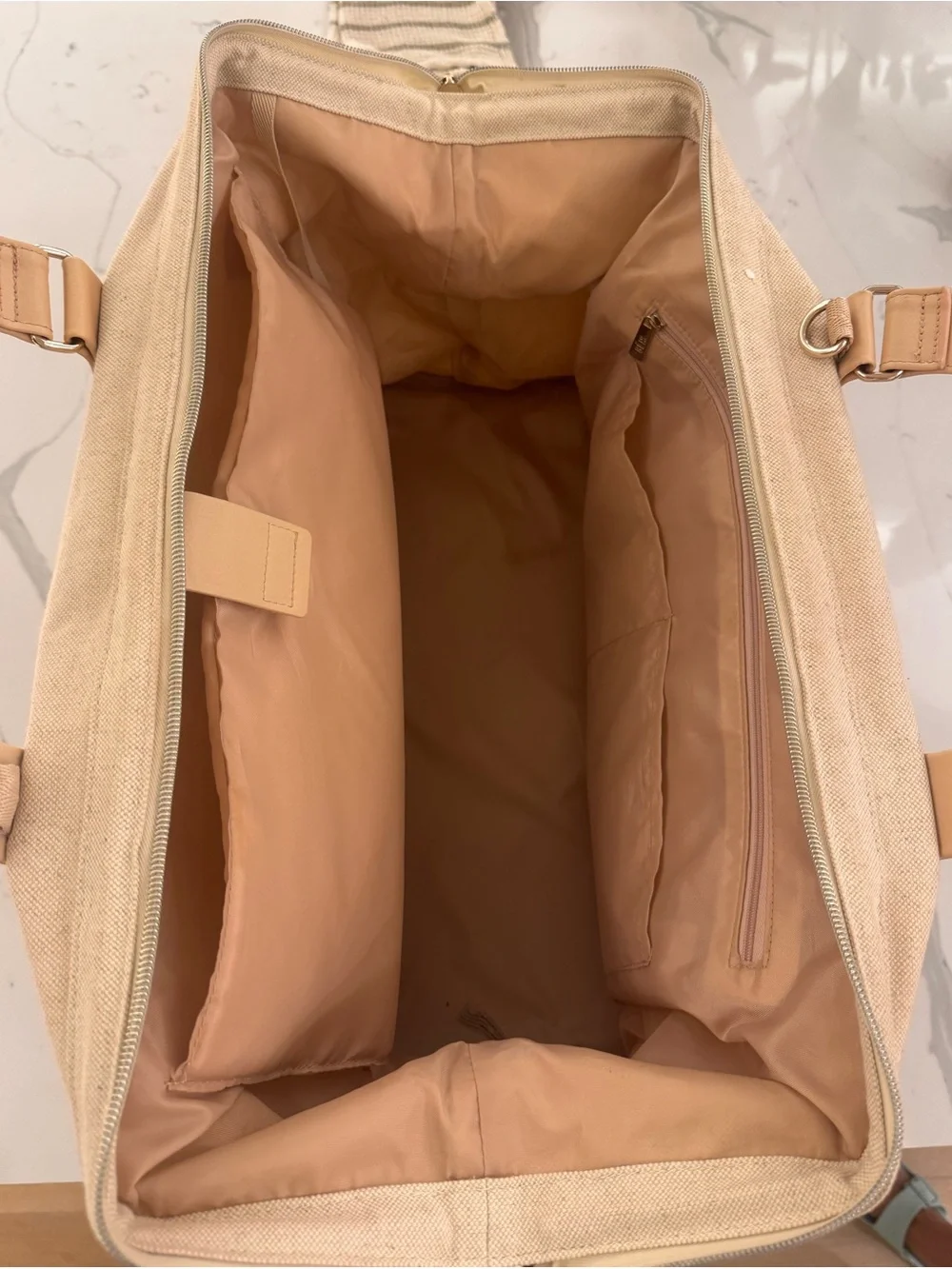BEIS Beige Canvas Travel Weekender with Tan Trim